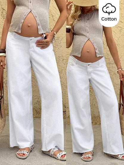 White Wide Leg Low-Waist Maternity Jeans – Loose Fit 100% Cotton Denim Streetwear Pants for Summer, Casual Commuting & Y2K Coquette Style