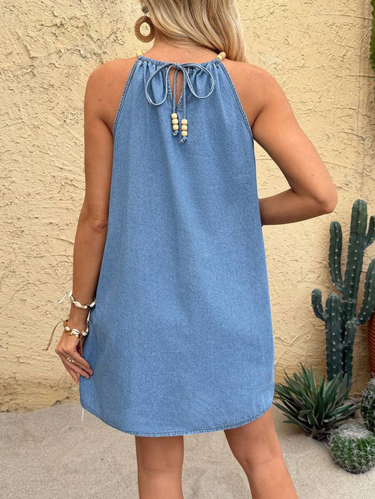 Blue Halter Neck Denim Mini Dress – Sleeveless Cold Shoulder Beaded Maternity Vacation Dress for Summer Party, Y2K Chic & Casual Beachwear