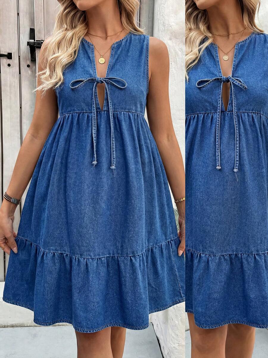 Blue Denim Spaghetti Strap Maternity Mini Dress with Bow Ruffle Hem – Chic Sleeveless V-Neck Summer Maternity Dress for Casual & Party Wear