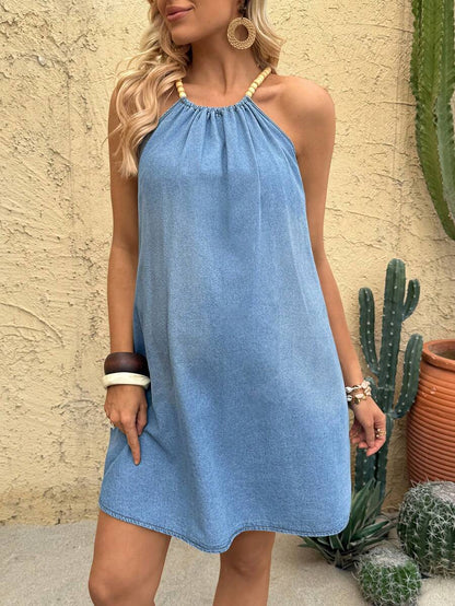 Blue Halter Neck Denim Mini Dress – Sleeveless Cold Shoulder Beaded Maternity Vacation Dress for Summer Party, Y2K Chic & Casual Beachwear