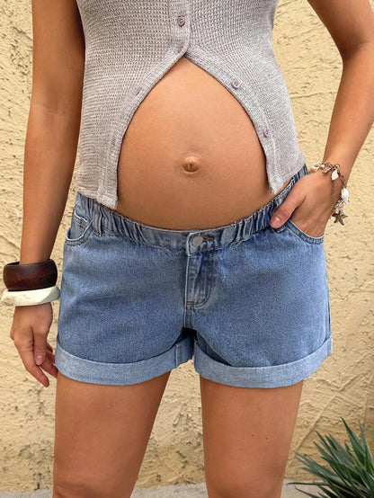 Light Blue Elastic Waist Maternity Denim Shorts – Casual Loose Fit Mini Jean Shorts with Pockets and Cuffed Hem