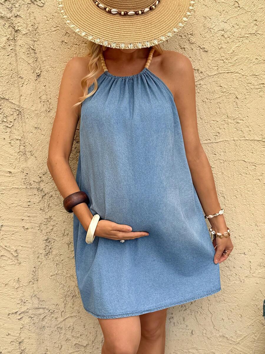 Blue Halter Neck Denim Mini Dress – Sleeveless Cold Shoulder Beaded Maternity Vacation Dress for Summer Party, Y2K Chic & Casual Beachwear