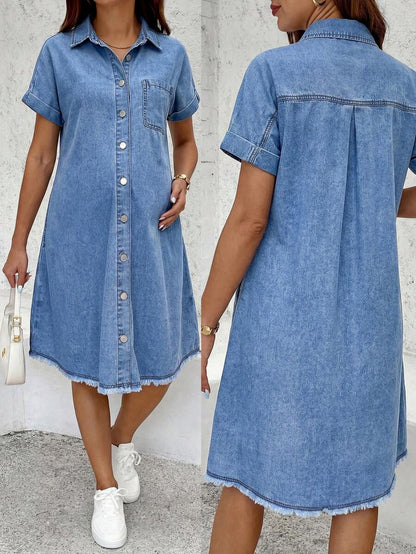 Blue Light Wash Denim Maternity Dress - Single-Breasted Short Sleeve Button Down Mini Dress - Oversized Frayed Hem Casual Shirt Dress