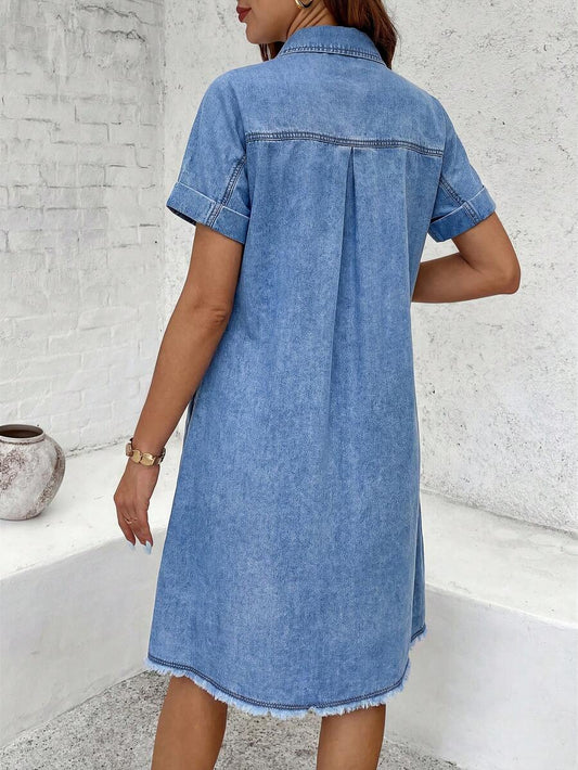 Blue Light Wash Denim Maternity Dress - Single-Breasted Short Sleeve Button Down Mini Dress - Oversized Frayed Hem Casual Shirt Dress