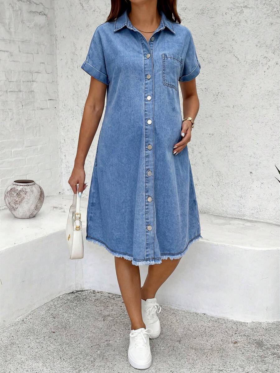 Blue Light Wash Denim Maternity Dress - Single-Breasted Short Sleeve Button Down Mini Dress - Oversized Frayed Hem Casual Shirt Dress