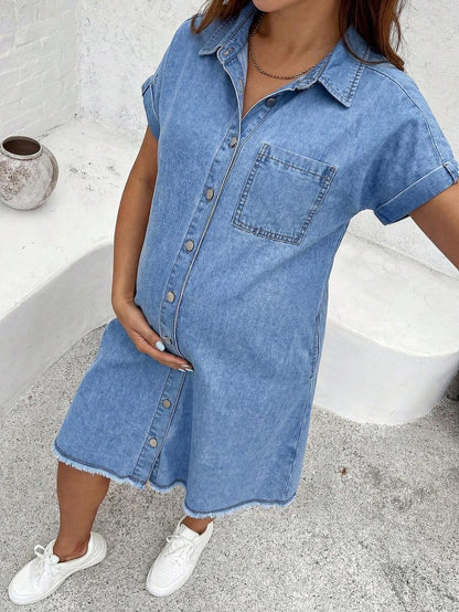 Blue Light Wash Denim Maternity Dress - Single-Breasted Short Sleeve Button Down Mini Dress - Oversized Frayed Hem Casual Shirt Dress