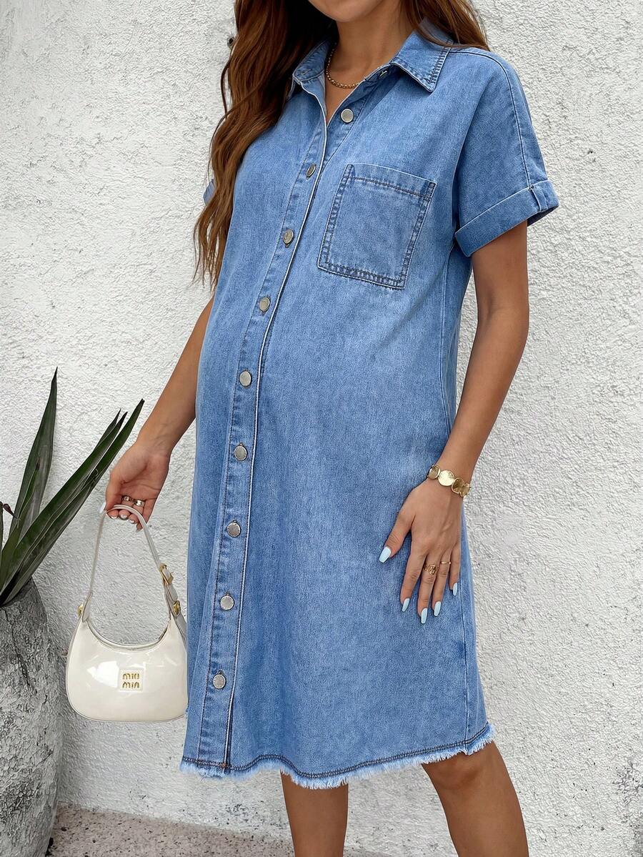 Blue Light Wash Denim Maternity Dress - Single-Breasted Short Sleeve Button Down Mini Dress - Oversized Frayed Hem Casual Shirt Dress