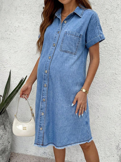 Blue Light Wash Denim Maternity Dress - Single-Breasted Short Sleeve Button Down Mini Dress - Oversized Frayed Hem Casual Shirt Dress