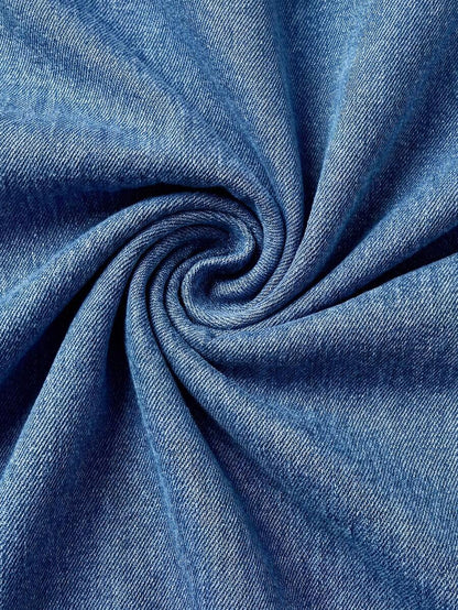 Blue Light Wash Denim Maternity Dress - Single-Breasted Short Sleeve Button Down Mini Dress - Oversized Frayed Hem Casual Shirt Dress