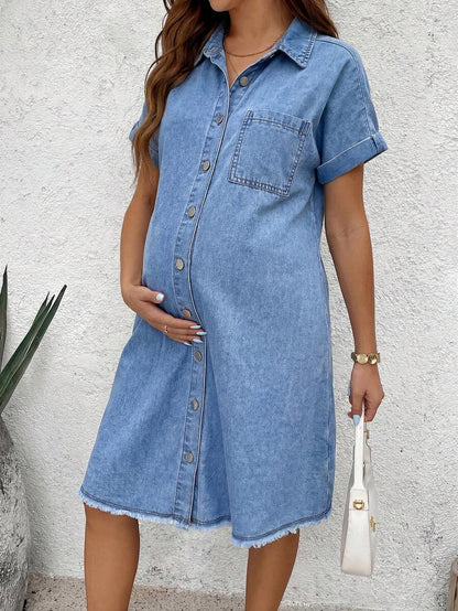 Blue Light Wash Denim Maternity Dress - Single-Breasted Short Sleeve Button Down Mini Dress - Oversized Frayed Hem Casual Shirt Dress