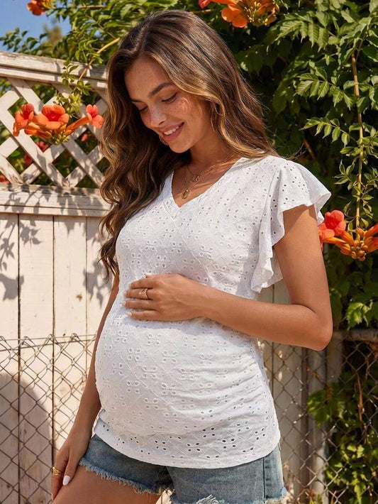 White Plant Embroidered V-Neck Maternity T-Shirt with Textured Flounce Cap Sleeves and Medium Stretch Slim Fit Casual Summer Top