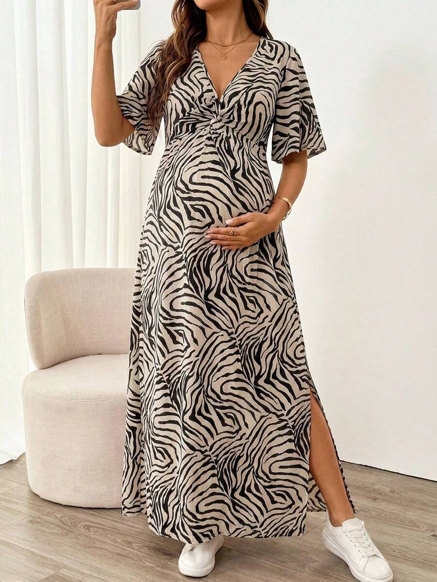 Khaki Zebra Print Maternity Maxi Dress - V-Neck Batwing Sleeve High Waist Side Slit Gown - Elegant Slim Fit Pregnant Women Vacation Dress