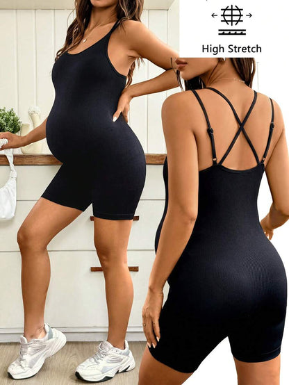 Black High-Stretch Maternity Camisole Short Jumpsuit – Skinny Fit Backless Spaghetti Strap Athletic Romper for Maternity Sports & Casual Wear