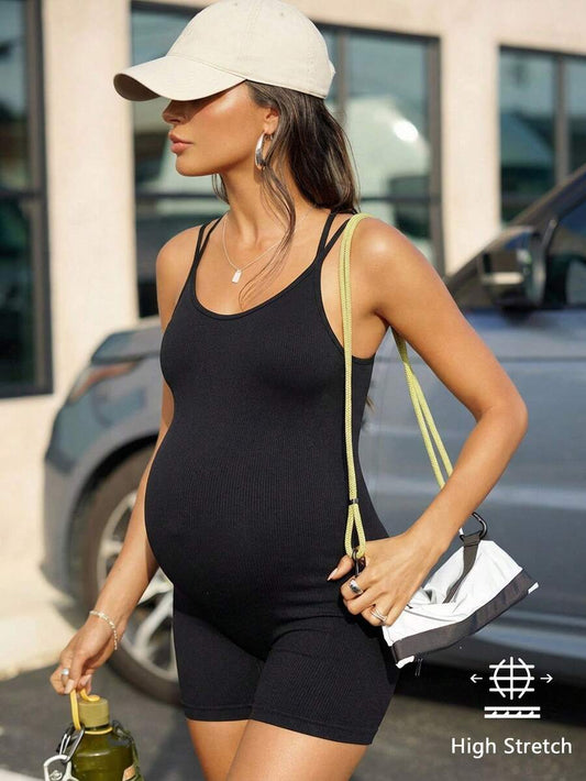 Black High-Stretch Maternity Camisole Short Jumpsuit – Skinny Fit Backless Spaghetti Strap Athletic Romper for Maternity Sports & Casual Wear