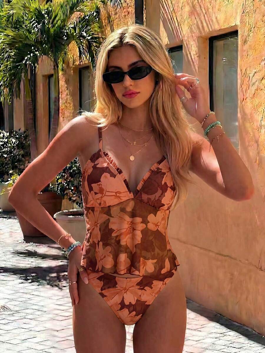 Women's 2-Piece Floral Camisole Bikini Set - Spaghetti Strap, Frill Trim, Hipsters, Multicolor