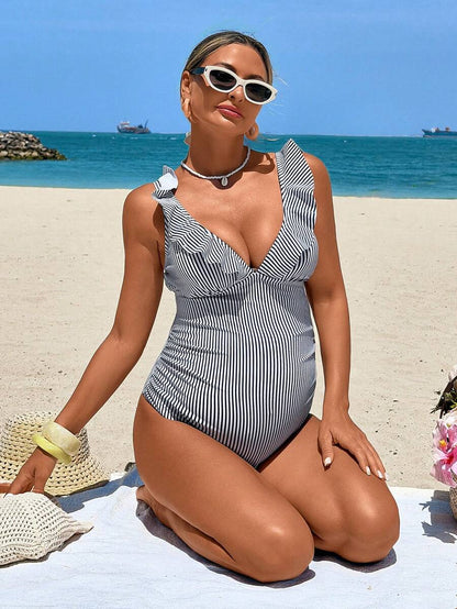 Maternity One Piece Swimsuit - Blue White Striped Elegant Stretch Beach Pool Resort, Mom