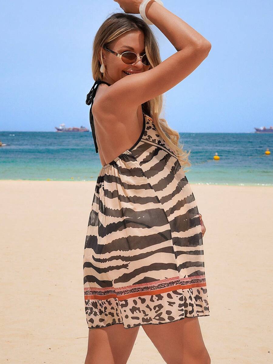 Multicolor Zebra Print Halter Maternity Cover Up Mini Dress – High Stretch Mesh Ruffle Hem Beach Short Dress for Vacation & Festivals