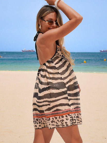 Multicolor Zebra Print Halter Maternity Cover Up Mini Dress – High Stretch Mesh Ruffle Hem Beach Short Dress for Vacation & Festivals