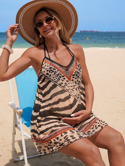 Multicolor Zebra Print Halter Maternity Cover Up Mini Dress – High Stretch Mesh Ruffle Hem Beach Short Dress for Vacation & Festivals