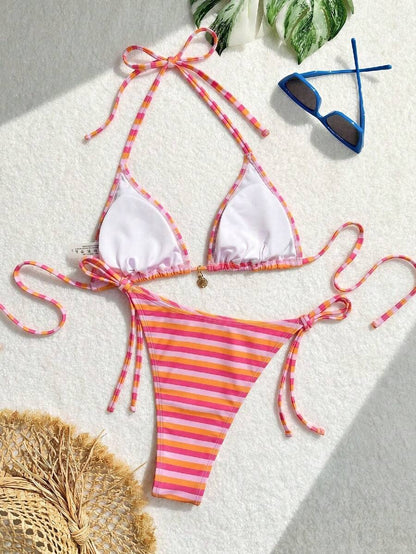 Swim Vcay Women's Summer Beach Floral Print Halter Tie Sexy Bikini Set, Random Print