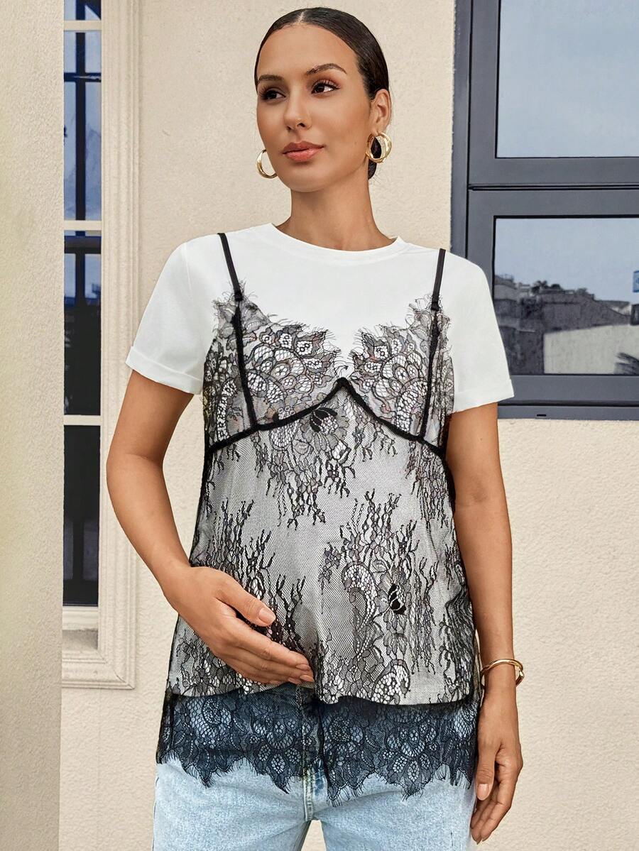Maternity T-Shirt - Contrast Lace 2 In 1 Boat Neck, Multicolor