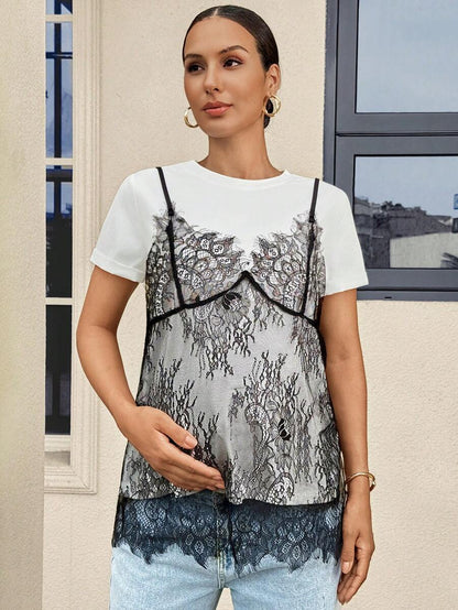 Maternity T-Shirt - Contrast Lace 2 In 1 Boat Neck, Multicolor