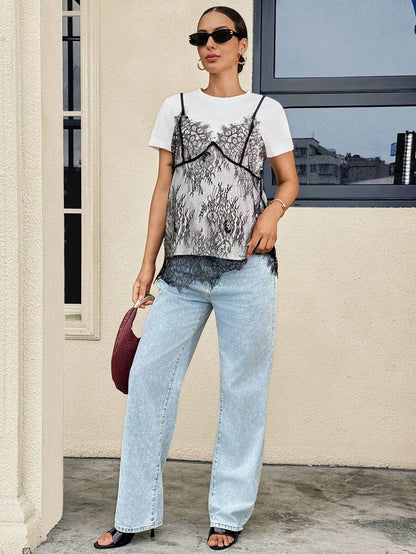 Maternity T-Shirt - Contrast Lace 2 In 1 Boat Neck, Multicolor