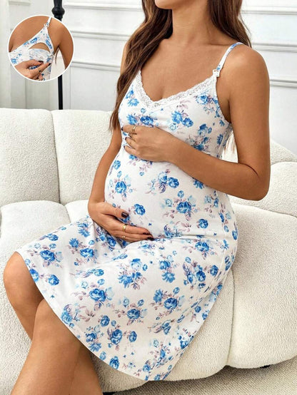 Khaki Floral Print Contrast Lace Maternity Midi Dress - Boho Spaghetti Strap Ruffle Neck Nursing Cami Dress - Slim Fit High Waist Loungewear