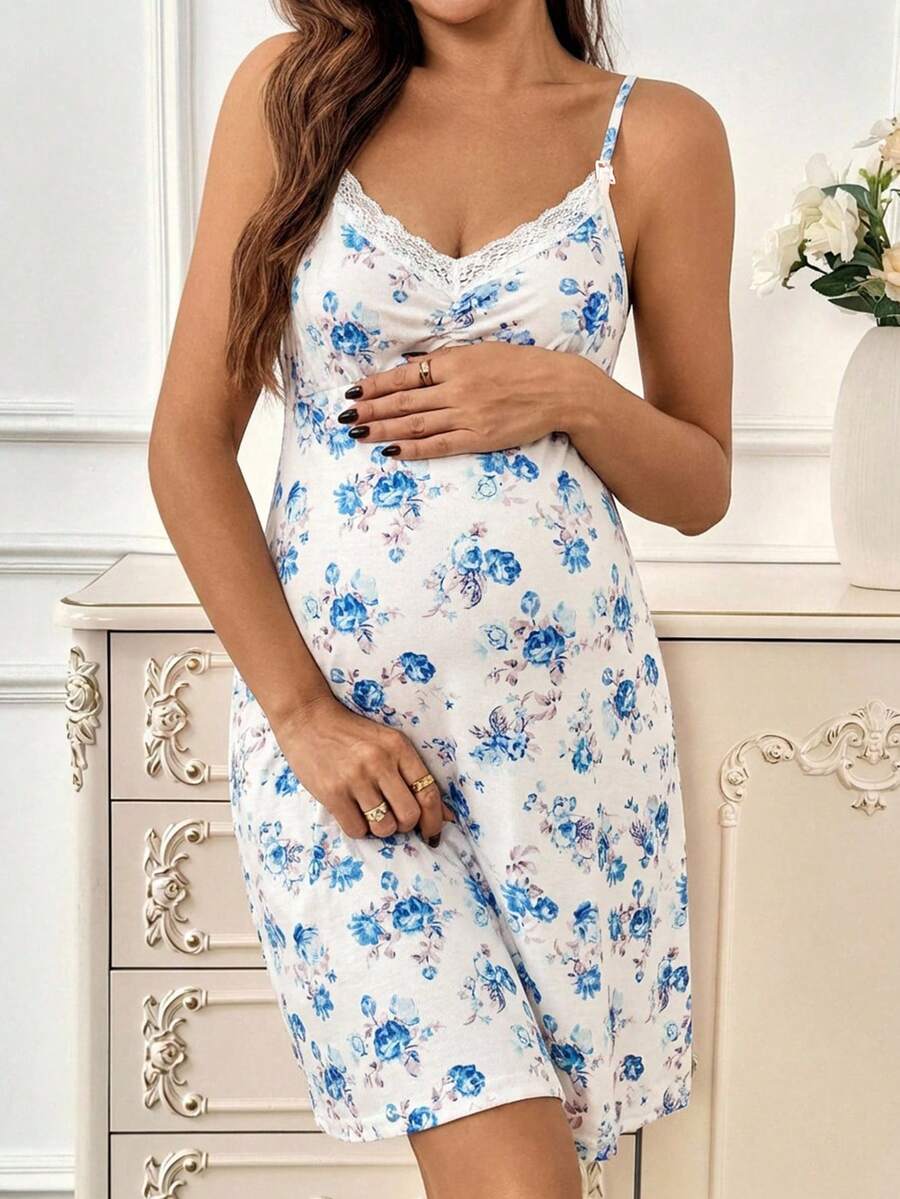 Khaki Floral Print Contrast Lace Maternity Midi Dress - Boho Spaghetti Strap Ruffle Neck Nursing Cami Dress - Slim Fit High Waist Loungewear