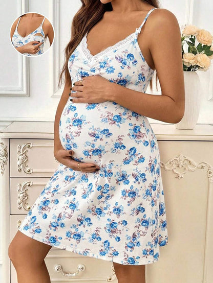 Khaki Floral Print Contrast Lace Maternity Midi Dress - Boho Spaghetti Strap Ruffle Neck Nursing Cami Dress - Slim Fit High Waist Loungewear