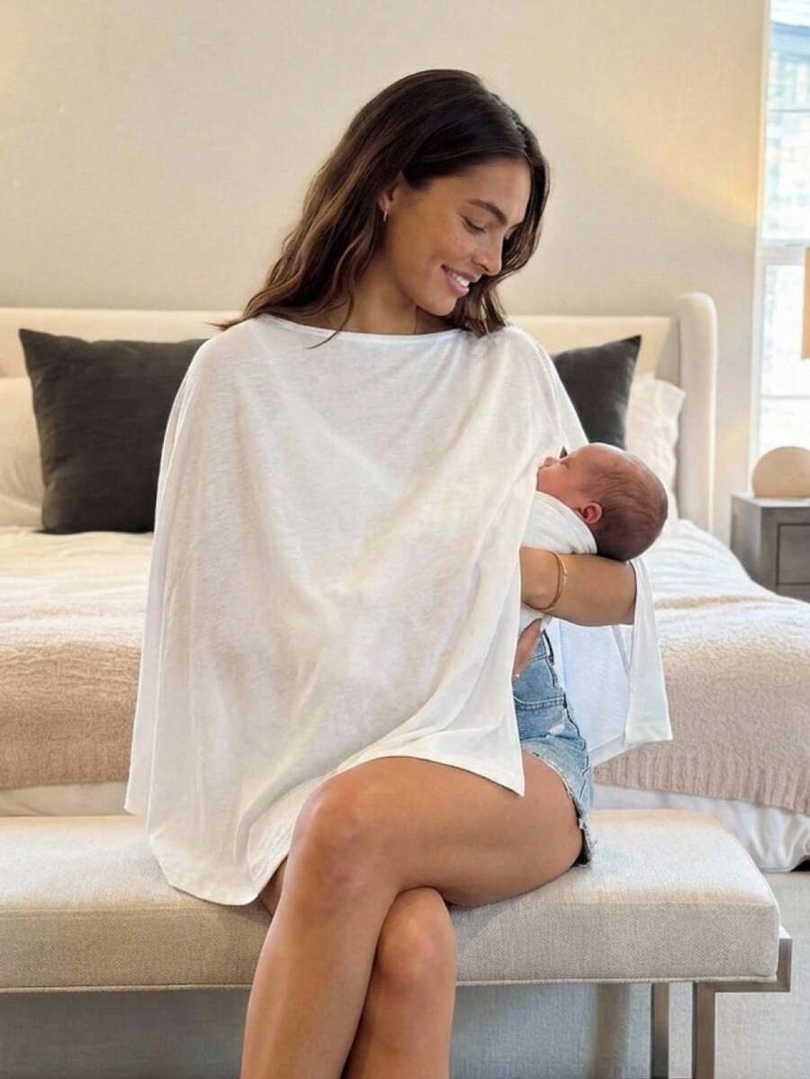 Maternity 100% Cotton Boat Neck T-Shirt - White Slim Fit Long Asymmetric Hem Sleepwear and Casual Vacation Loungewear Top