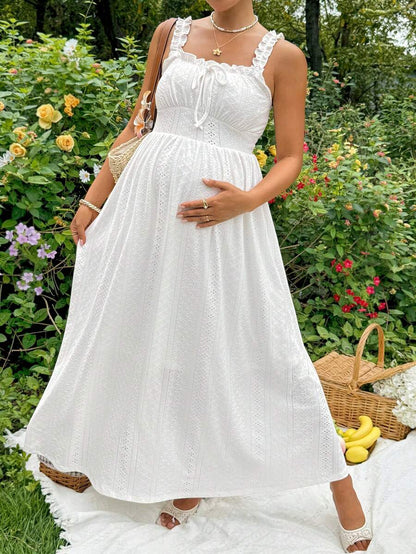 White Knitted Jacquard Halter A-Line Maternity Long Dress - Romantic Boho Sleeveless High Waist Ruched Summer Vacation Beach Maxi Dress