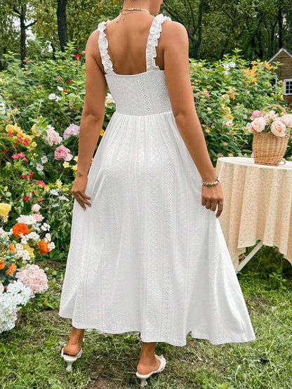 White Knitted Jacquard Halter A-Line Maternity Long Dress - Romantic Boho Sleeveless High Waist Ruched Summer Vacation Beach Maxi Dress