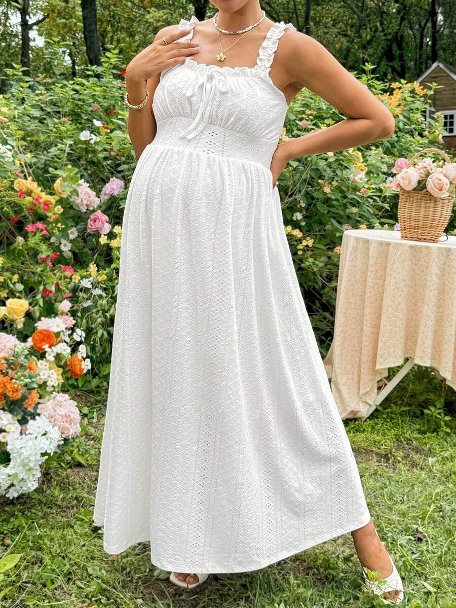 White Knitted Jacquard Halter A-Line Maternity Long Dress - Romantic Boho Sleeveless High Waist Ruched Summer Vacation Beach Maxi Dress
