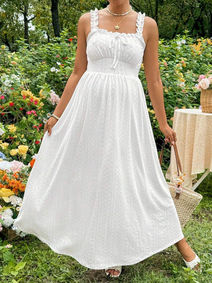 White Knitted Jacquard Halter A-Line Maternity Long Dress - Romantic Boho Sleeveless High Waist Ruched Summer Vacation Beach Maxi Dress
