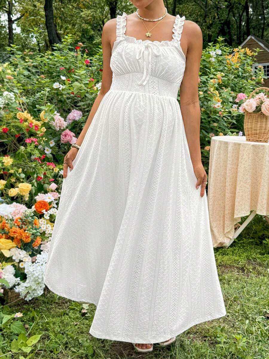 White Knitted Jacquard Halter A-Line Maternity Long Dress - Romantic Boho Sleeveless High Waist Ruched Summer Vacation Beach Maxi Dress