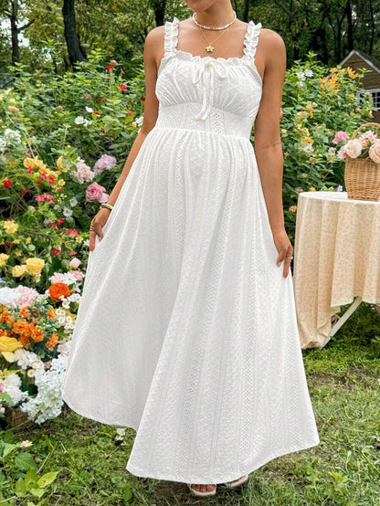 White Knitted Jacquard Halter A-Line Maternity Long Dress - Romantic Boho Sleeveless High Waist Ruched Summer Vacation Beach Maxi Dress