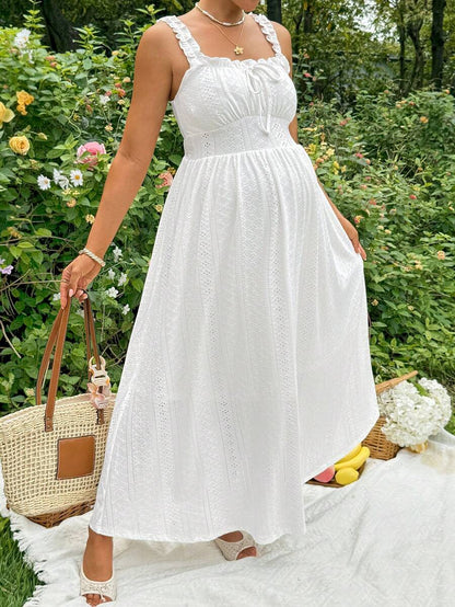 White Knitted Jacquard Halter A-Line Maternity Long Dress - Romantic Boho Sleeveless High Waist Ruched Summer Vacation Beach Maxi Dress