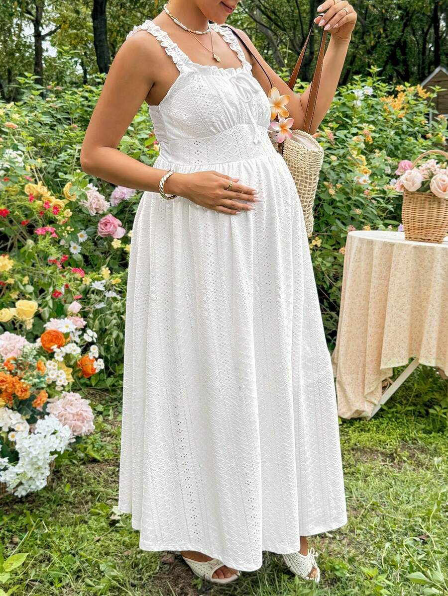 White Knitted Jacquard Halter A-Line Maternity Long Dress - Romantic Boho Sleeveless High Waist Ruched Summer Vacation Beach Maxi Dress