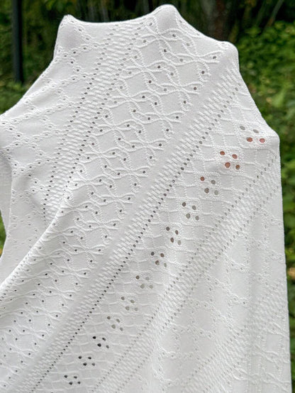 White Knitted Jacquard Halter A-Line Maternity Long Dress - Romantic Boho Sleeveless High Waist Ruched Summer Vacation Beach Maxi Dress