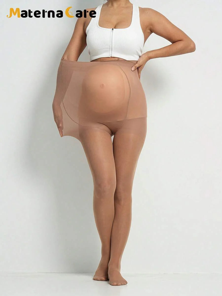 Maternity Semi-Sheer Nylon Tights in Apricot, 80D Belly Support Leggings for Pregnancy, Soft Non-Constrictive Maternity Hosiery