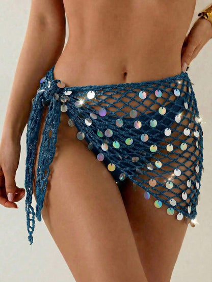 Swim Vcay Women's Crochet Sequin Laser Sheer Sarong Skirt, Suitable For Beach Holiday, Resort, Party, Music Festival Holiday Gold Summer