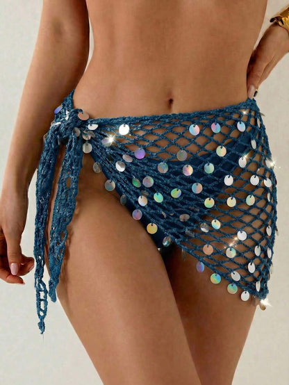 Swim Vcay Women's Crochet Sequin Laser Sheer Sarong Skirt, Suitable For Beach Holiday, Resort, Party, Music Festival Holiday Gold Summer