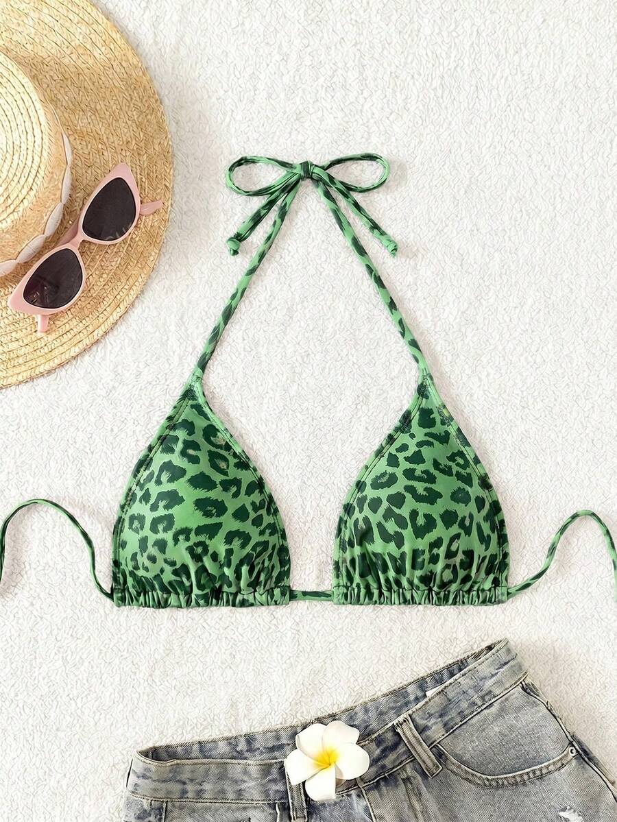 Swim Vcay 1pc Women's Leopard Print Halter Bikini Top For Summer Beach Vacation
