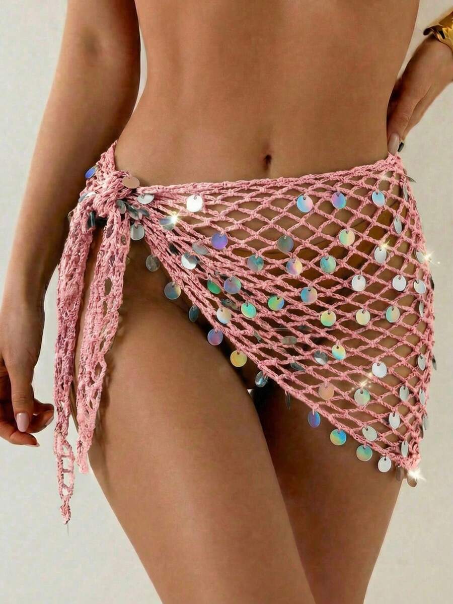 Swim Vcay Women's Crochet Sequin Laser Sheer Sarong Skirt, Suitable For Beach Holiday, Resort, Party, Music Festival Holiday Gold Summer