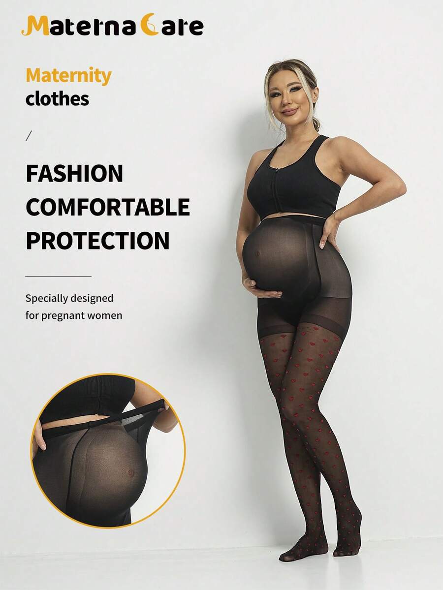 Maternity Leggings 1-2 Pack - Heart Pattern Jacquard 40D Sheer Adjustable Waist Comfortable