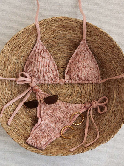 Swim Vcay 2026 Spring/Summer Green Special Fabric Women's Swimwear, Spaghetti Strap Halter Solid Color Sexy Side Tie Thong Bikini Two-Piece Swimwear Teal Bikini Tie Bikini Set Textured Bikini Triangle Bikini Triangle Bikini Set