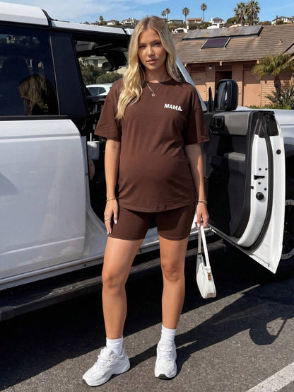 Maternity Summer Two Piece Lounge Set Brown Mama Print Loose Tee and Adjustable Elastic Cycling Shorts Casual Holiday Outfit