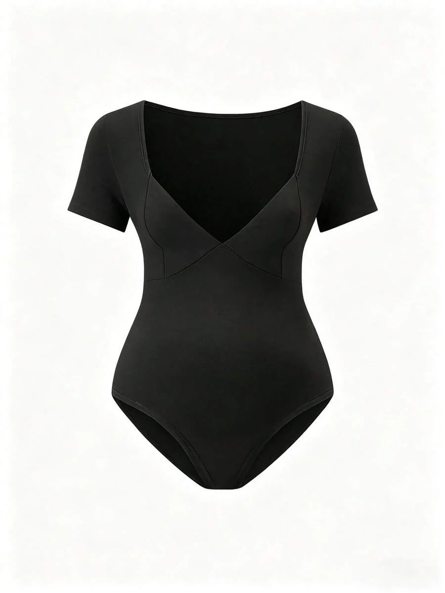 Parara Pregnant Women Deep V-Neck Short Sleeve High Elasticity Ribbed Knit Bodysuit Black