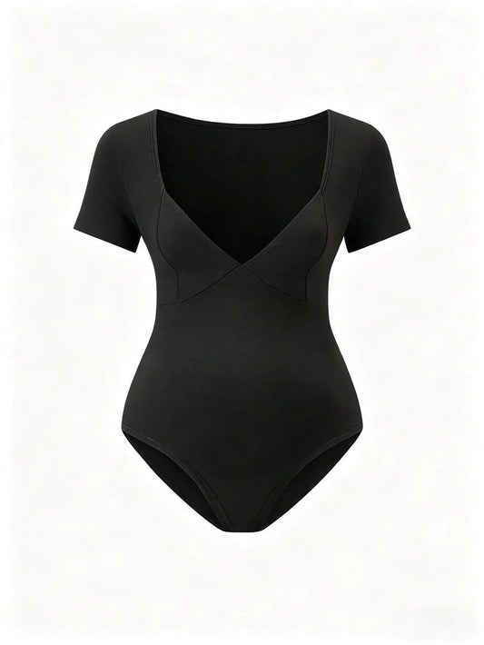 Parara Pregnant Women Deep V-Neck Short Sleeve High Elasticity Ribbed Knit Bodysuit Black